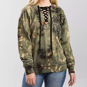 Affliction Donnington Olive Green Rhinestone Raw Hem Hooded Sweatshirt L